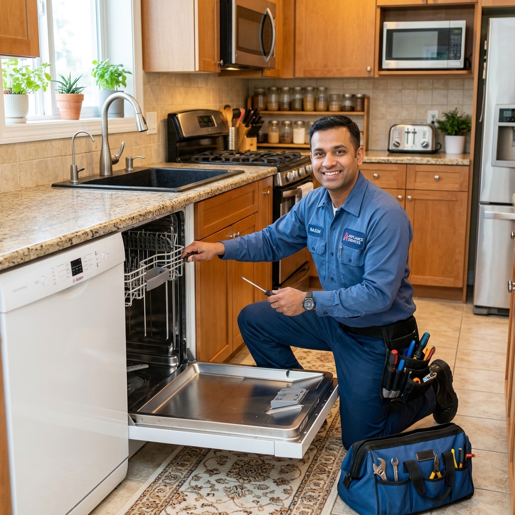 Technician repairing a dishwasher